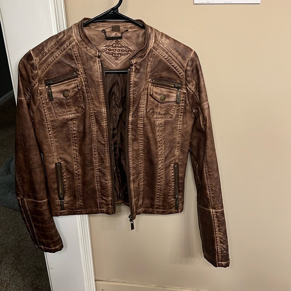 Jou jou faux leather distressed brown jacket